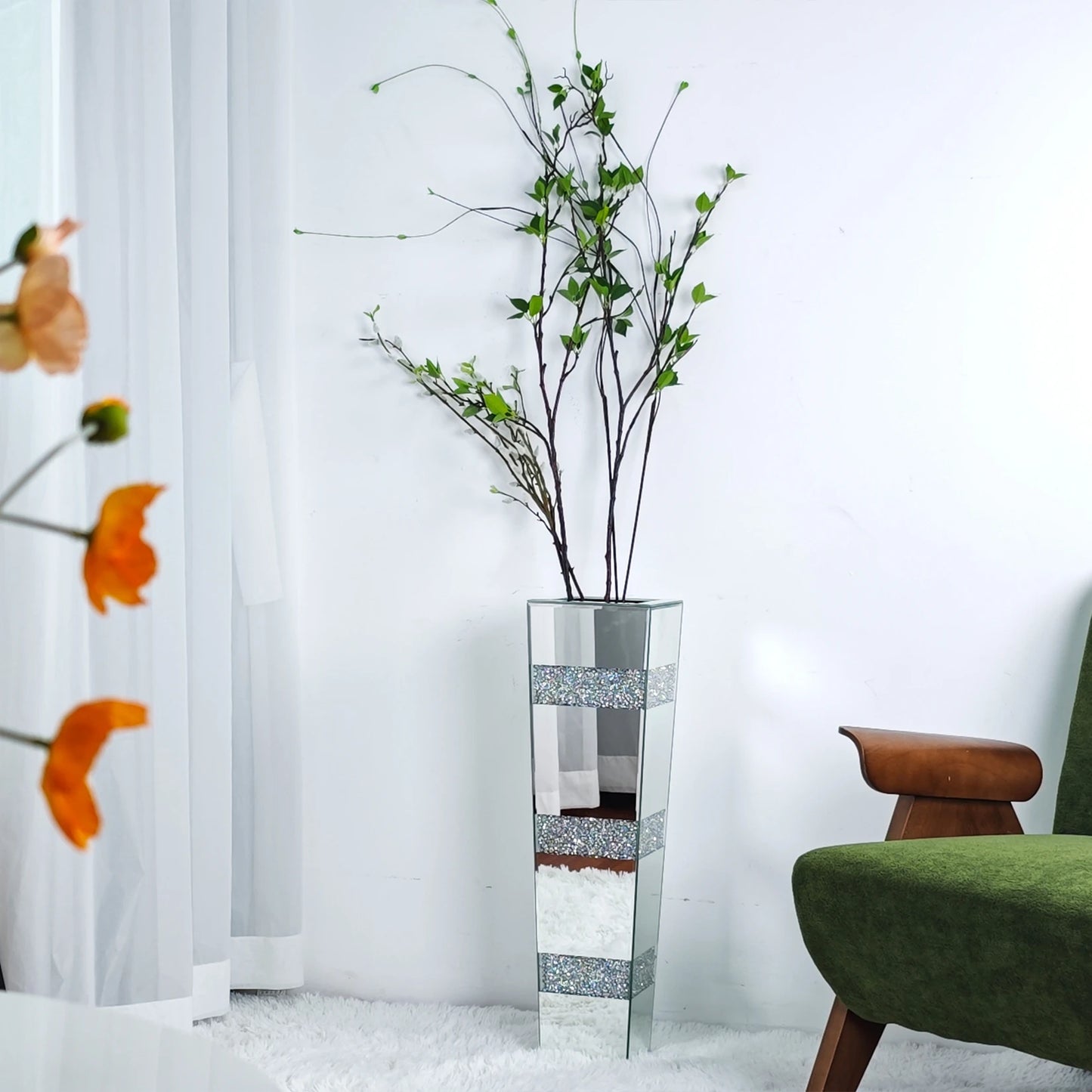 Mirrored Crystal Glass Tall Floor Vase With Diamond Accents Decor