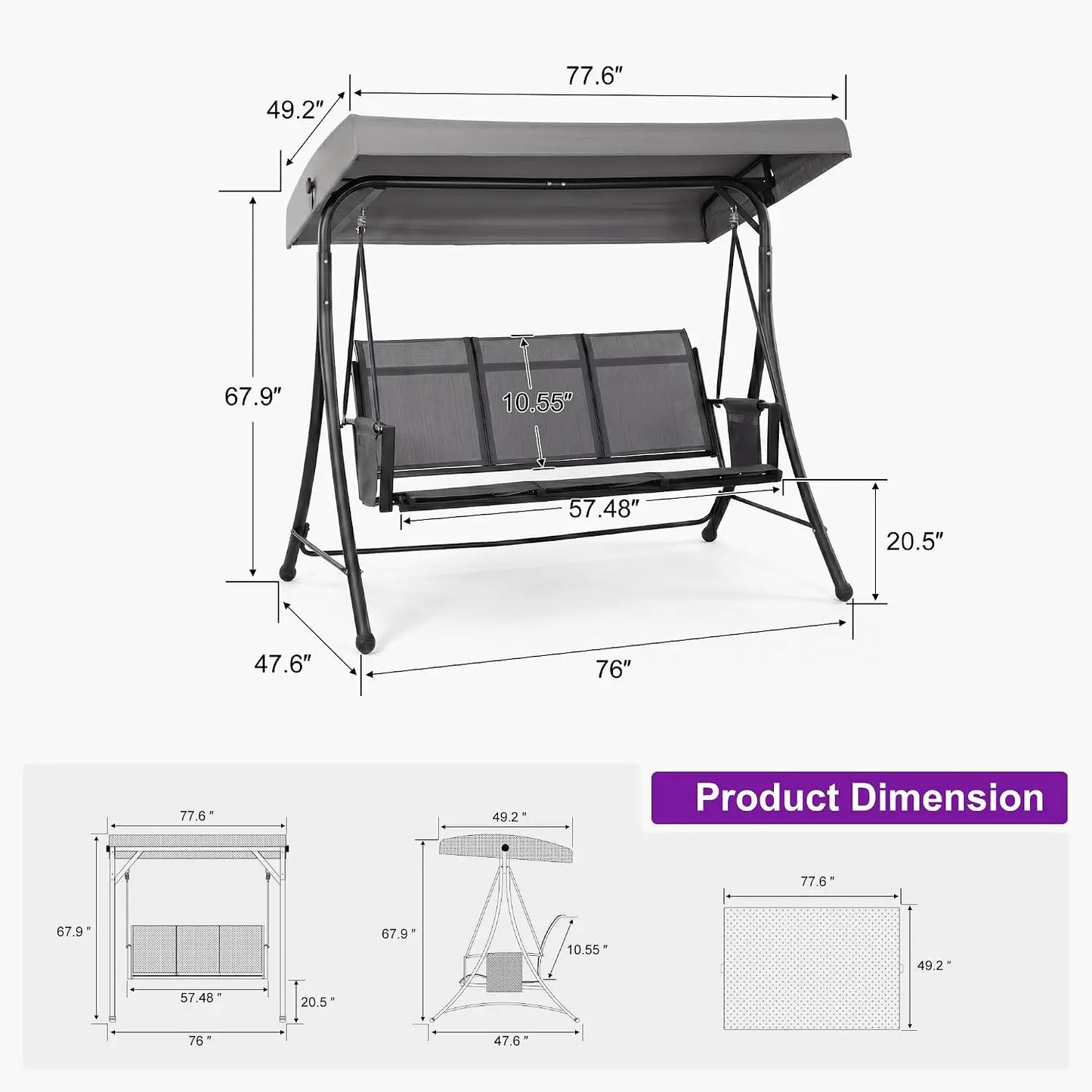 Porch Swing With Tilt Canopy Steel Frame 3 Seat Outdoor