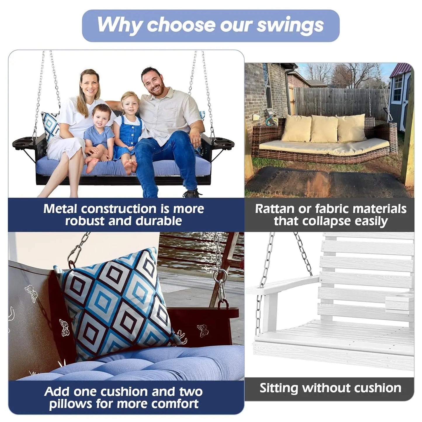 Metal Porch Swing Heavy Duty Cushions And Rust Resistant Chains