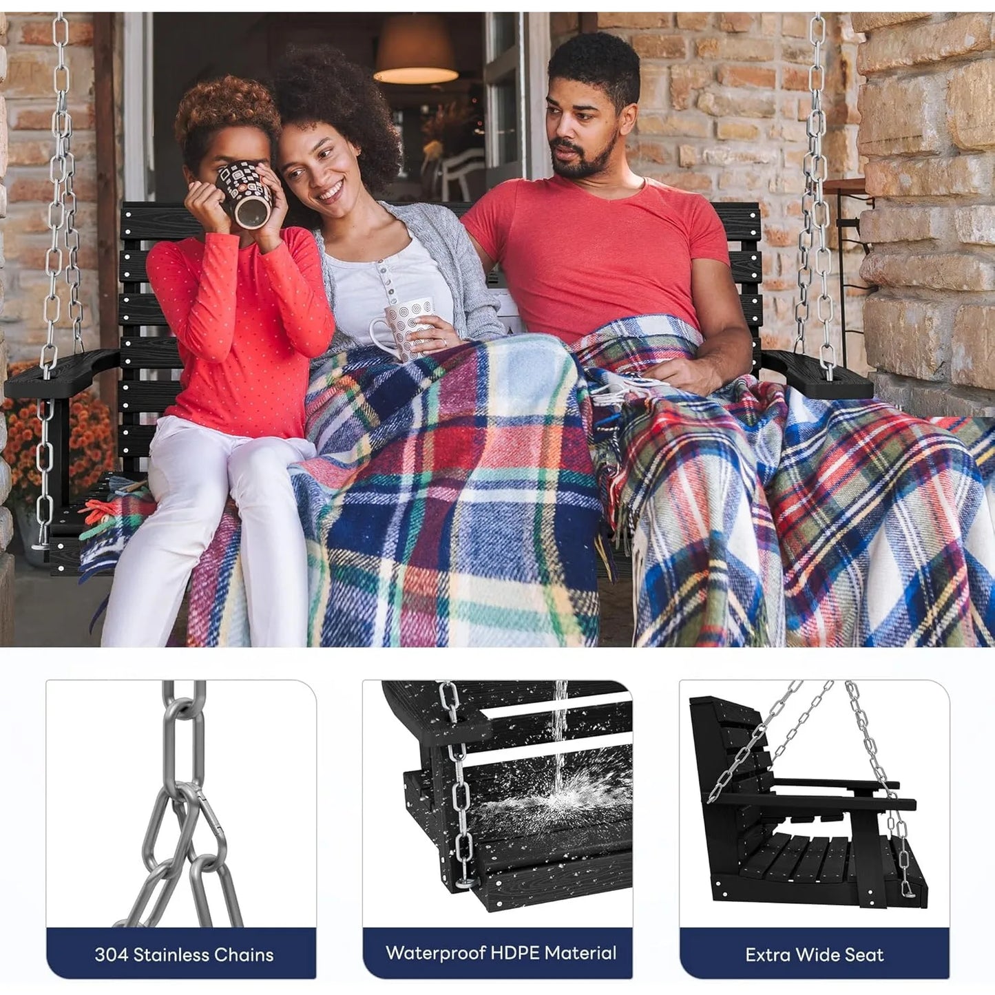 Outdoor Hanging Porch Swing With Cup Holders High Density Polyethylene Bench