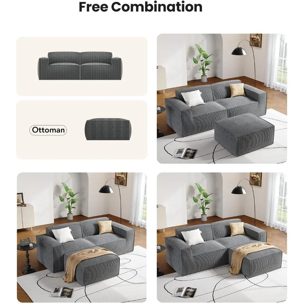 L Shaped Modular Sofa In Corduroy Fabric With High Back