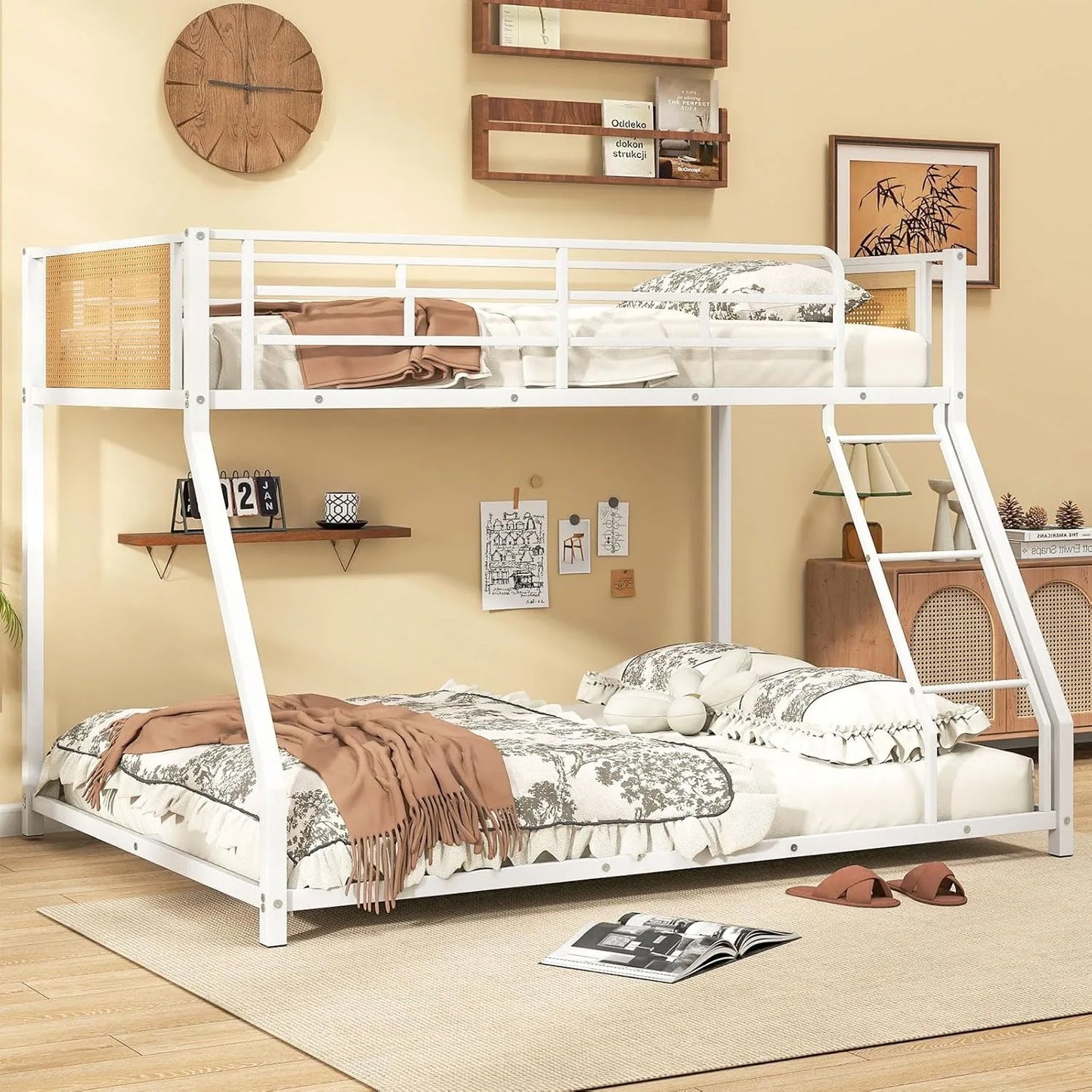 Metal Bunk Bed With Ladder And Guardrails Boho Rattan Style