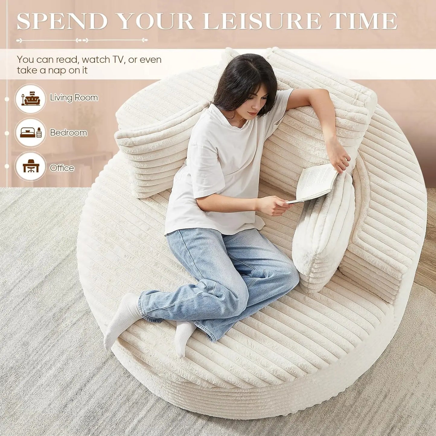 Oversized Round Chaise Lounge Chair Corduroy Deep Seat