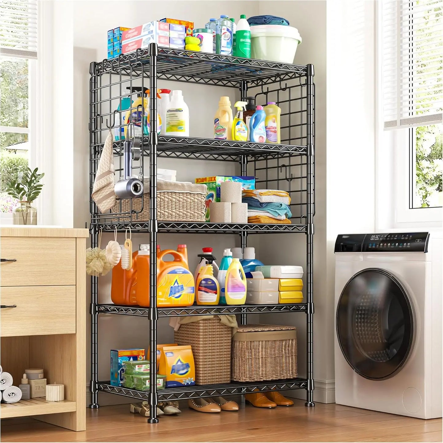 5 Tier Metal Shelving With Side Hanging Net Hooks Kitchen