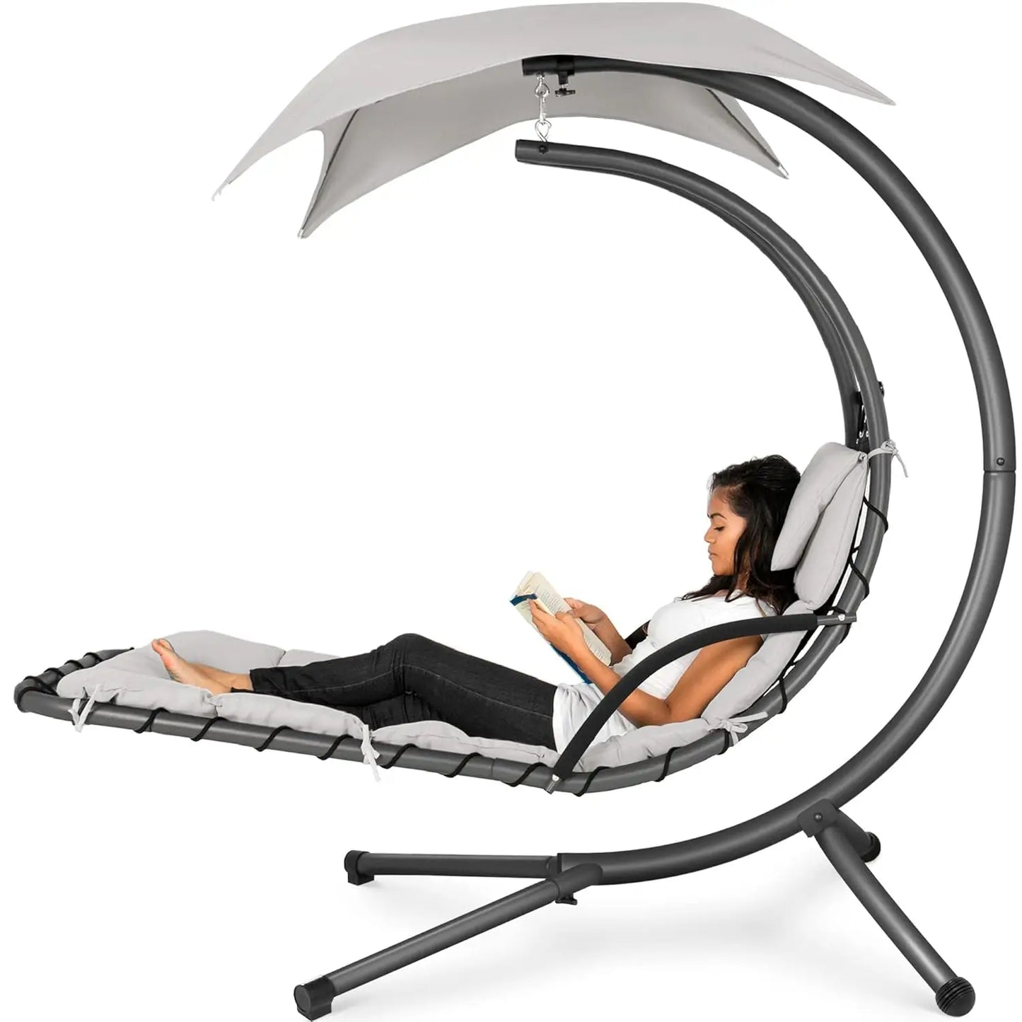 Outdoor Hanging Steel Chaise Lounge Chair With Swing Canopy Pillow