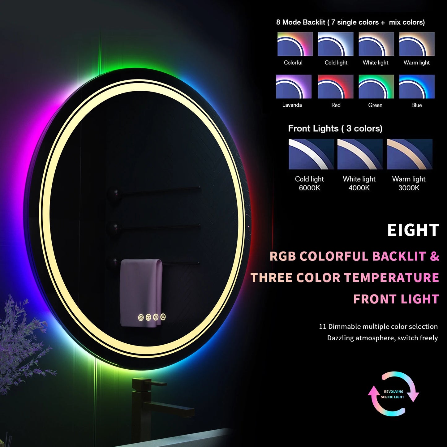 Round LED Bathroom Mirror With Backlit Front Lit Dimming Demister