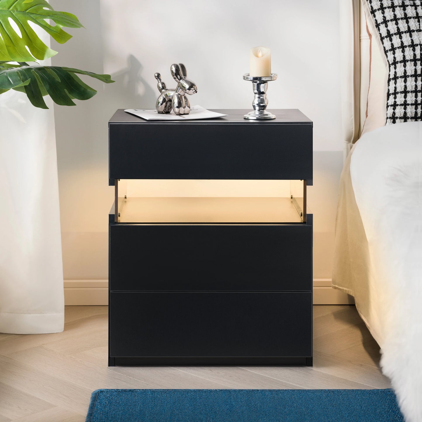 Cubehom LED Bedside Table With 3 Drawers Modern Nightstand