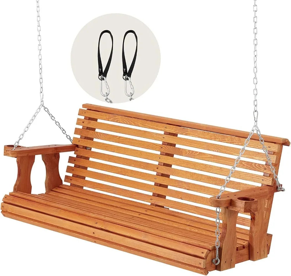 Wooden Porch Swing With Cup Holders For Outdoor Garden