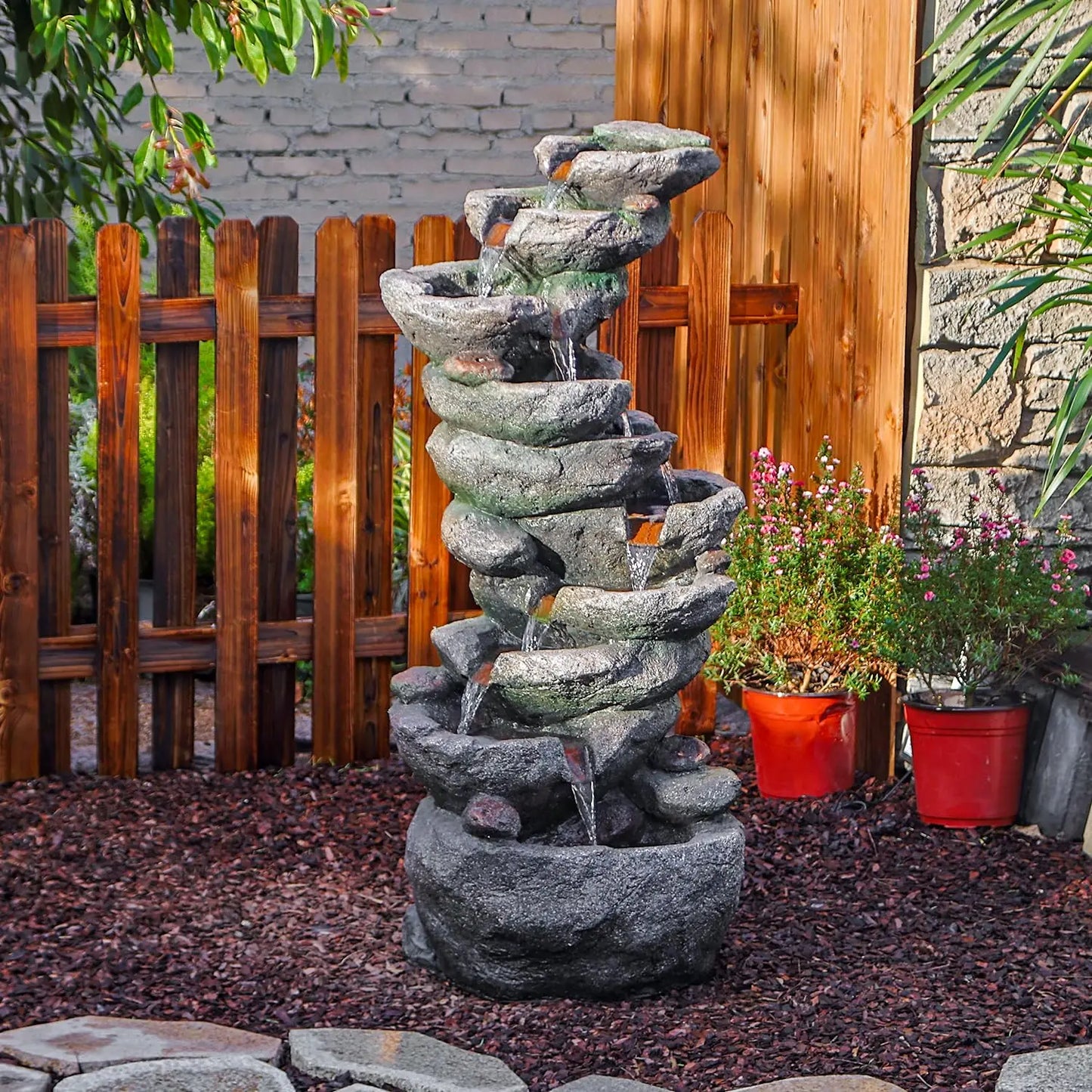 10 Tier Cascading Rock Water Fountain Outdoor Garden Decor