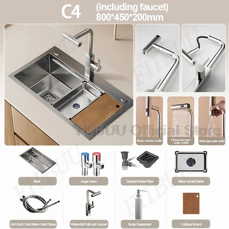 Slofy 304 Stainless Steel Kitchen Sink Undercounter Topmount Single Bowl Faucet