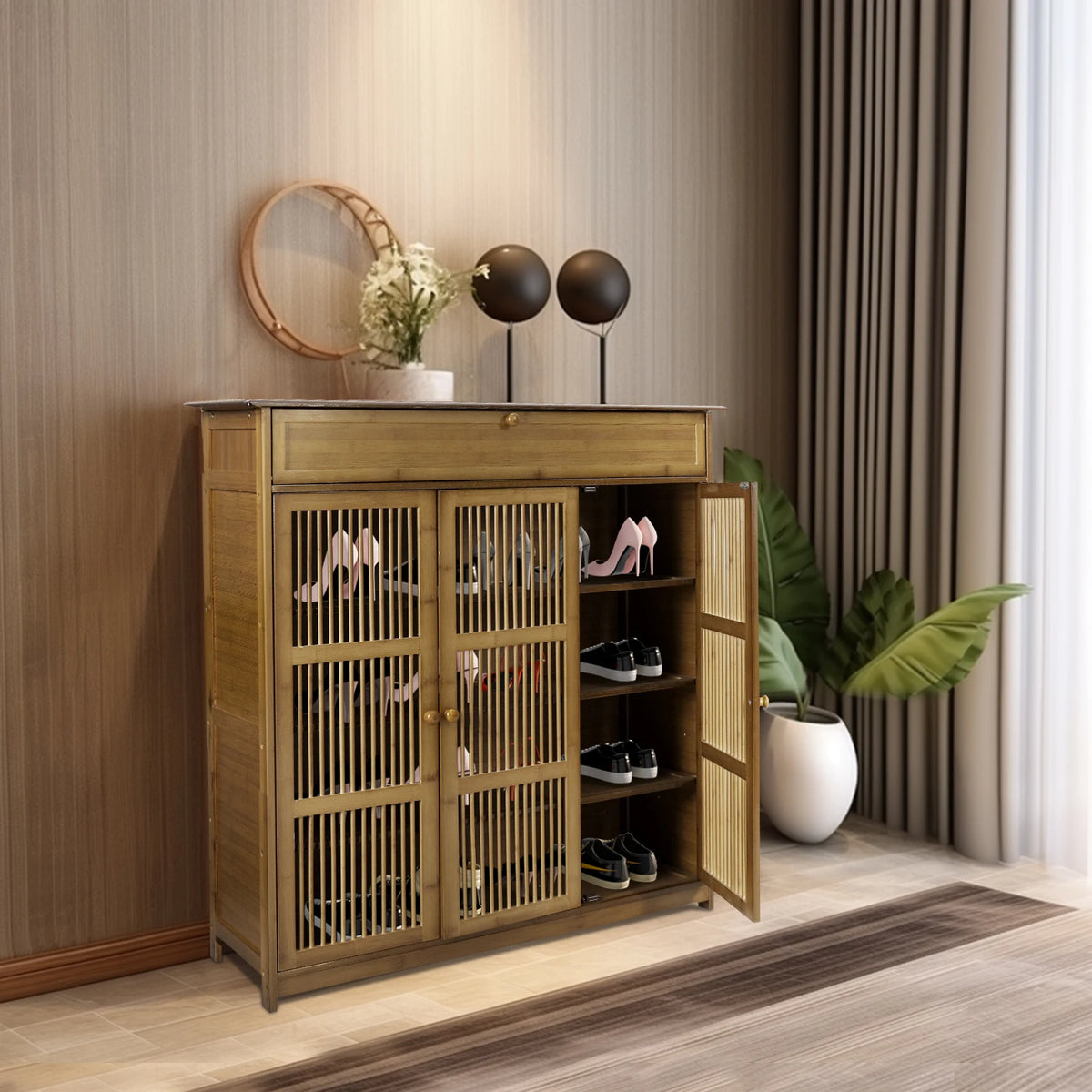 Freestanding Bamboo Shoe Cabinet With Three Doors For Entryway Storage