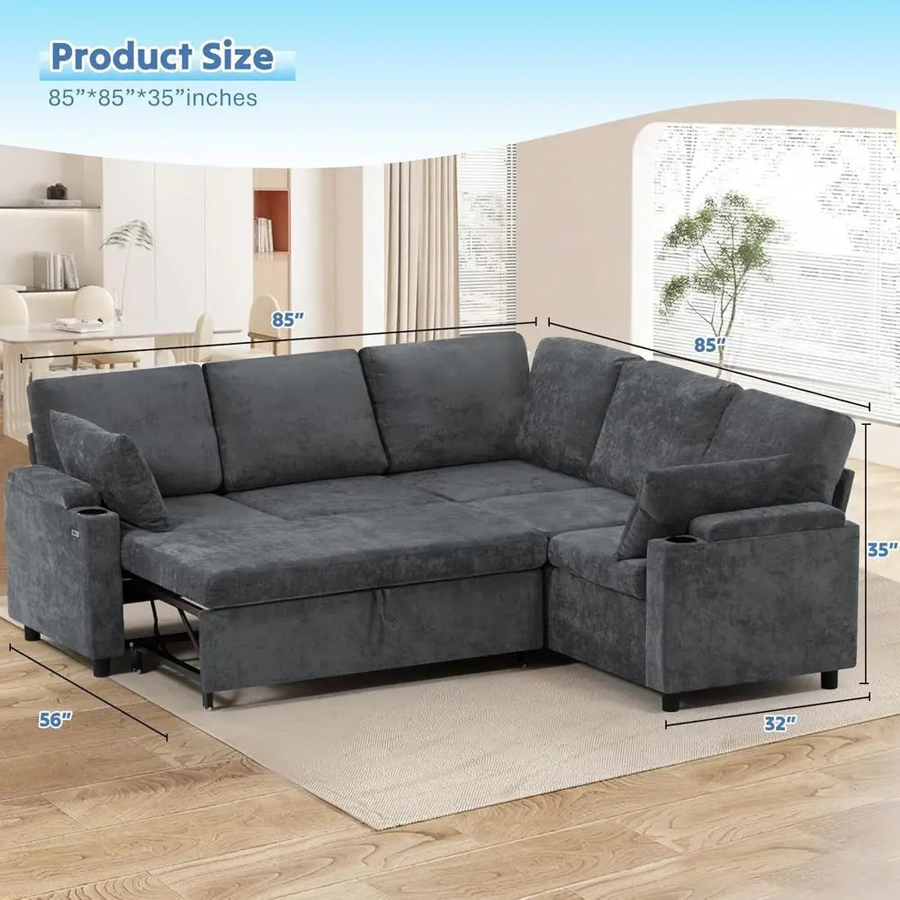 Chenille Reversible Sectional Sofa With Pull Out Bed And USB