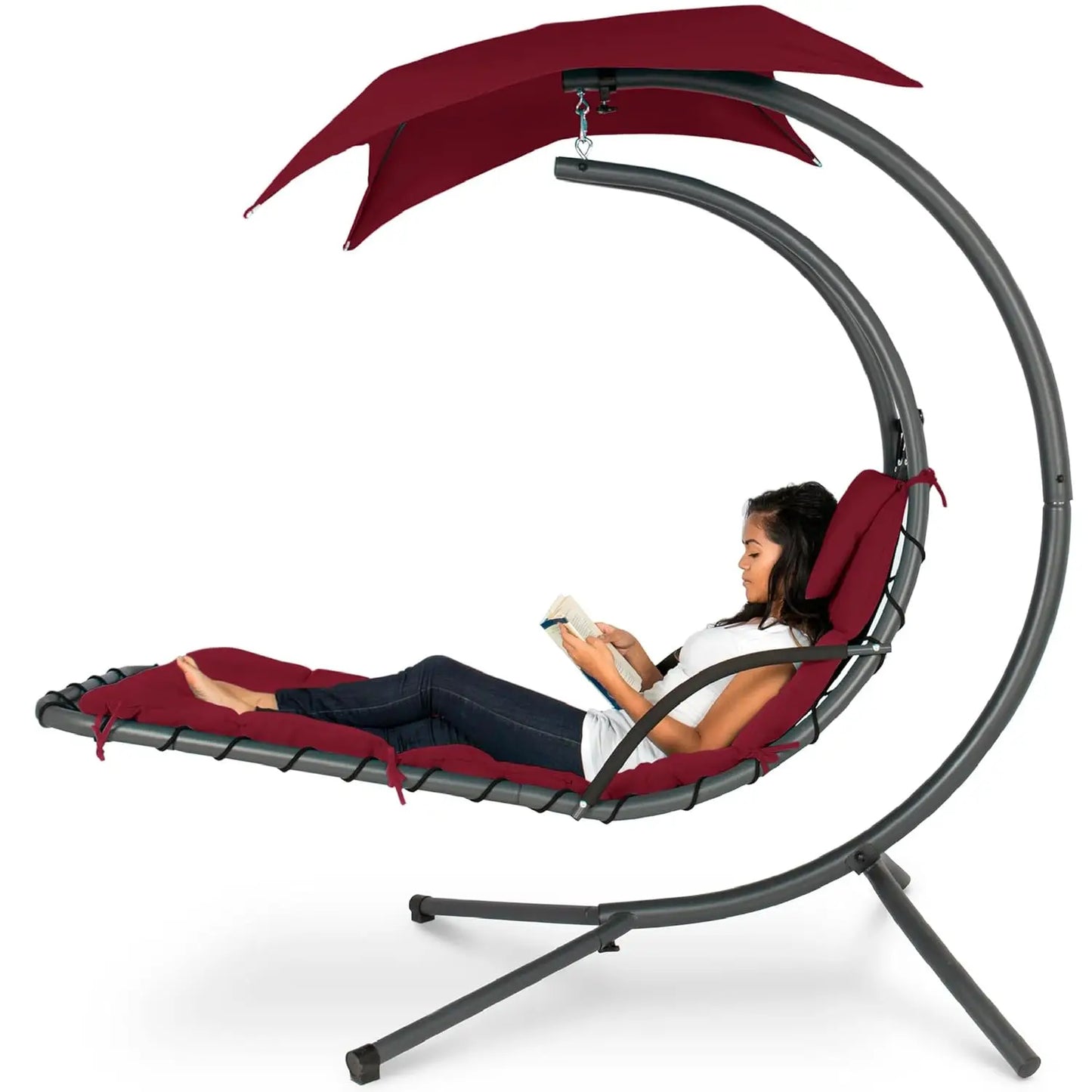 Outdoor Hanging Steel Chaise Lounge Chair With Swing Canopy Pillow