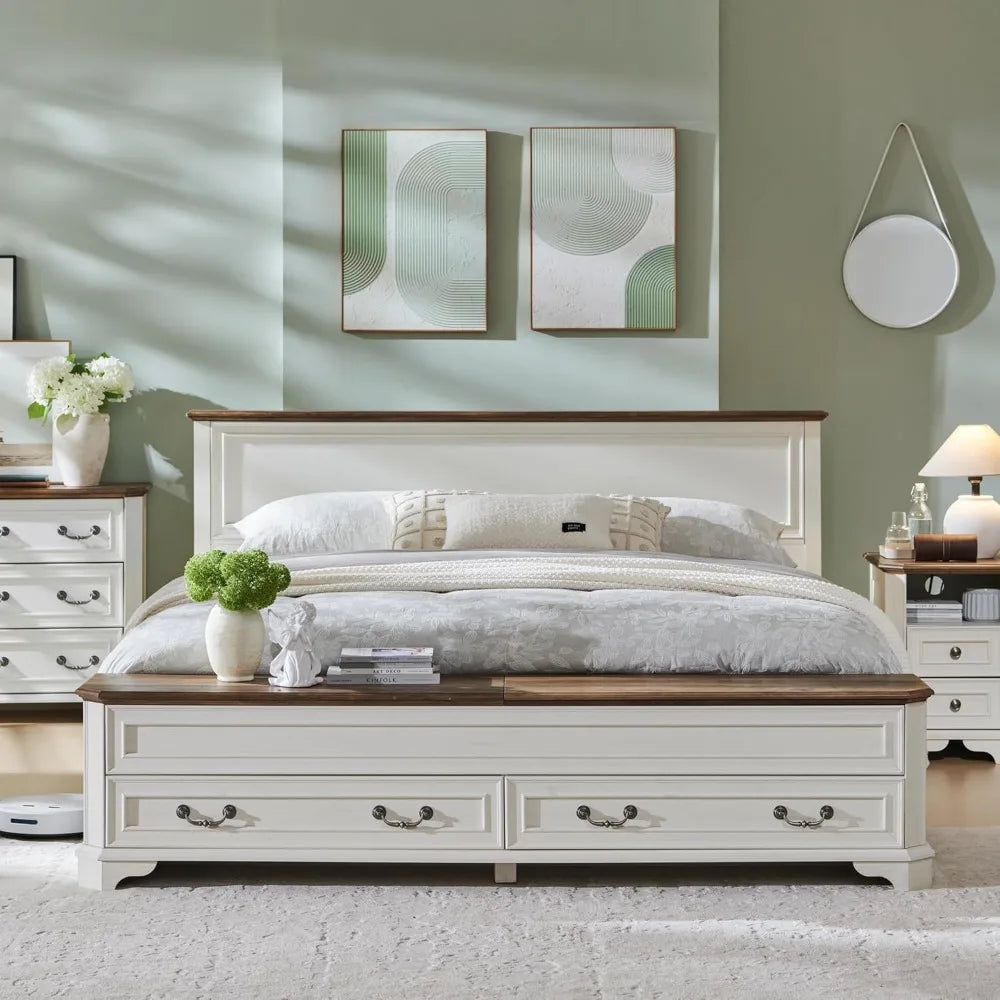 XMSJ Farmhouse King Platform Bed With Headboard Storage Bench