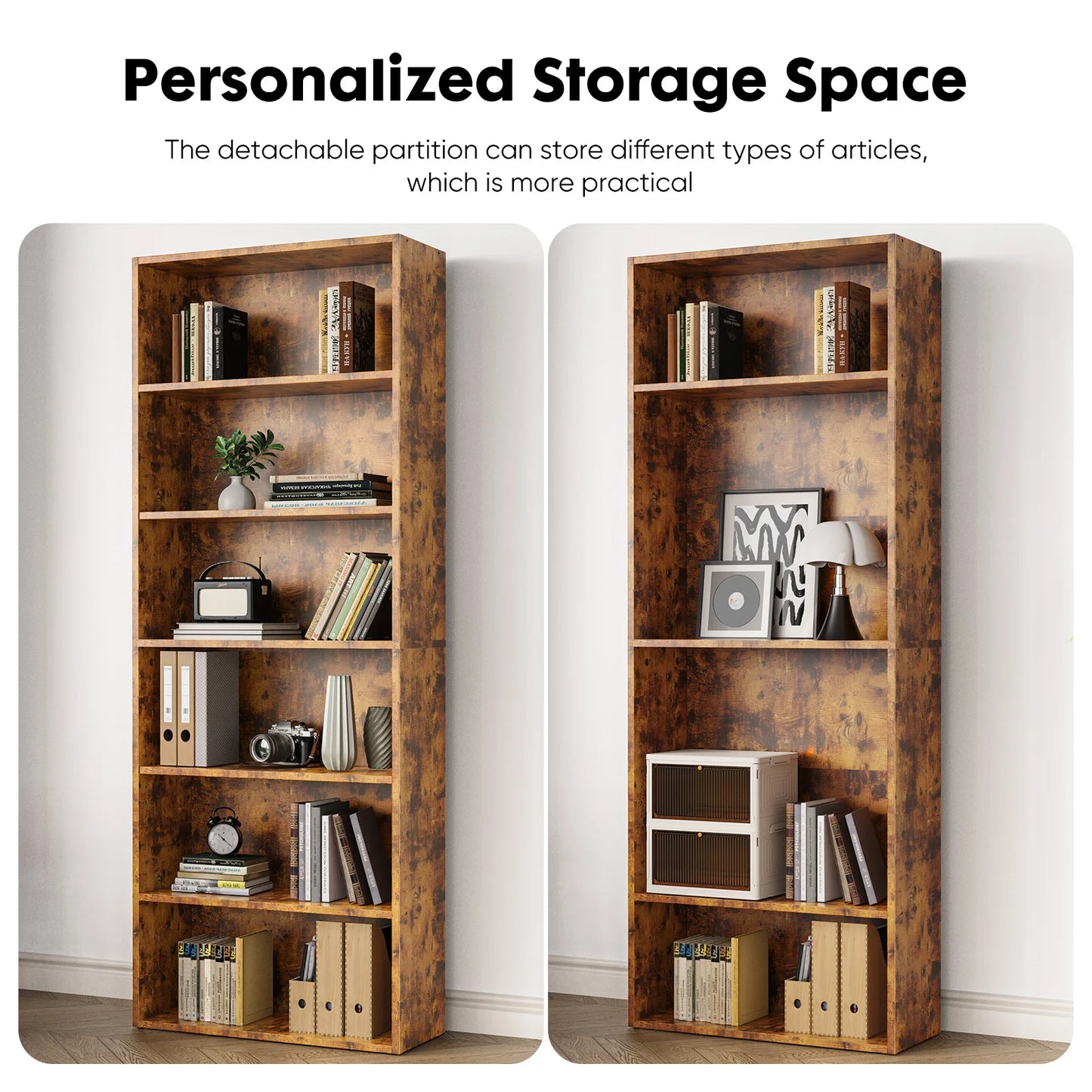 JHK 6 Tier Wooden Shelf Bookcase Floor Standing Storage Unit