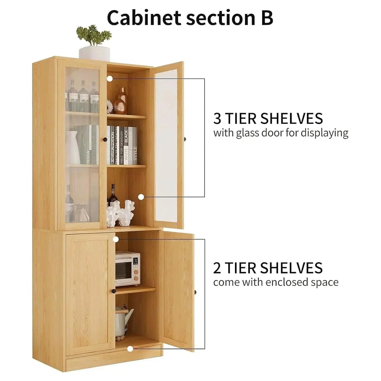 Wood TV Stand Media Console With Glass Doors And Drawers