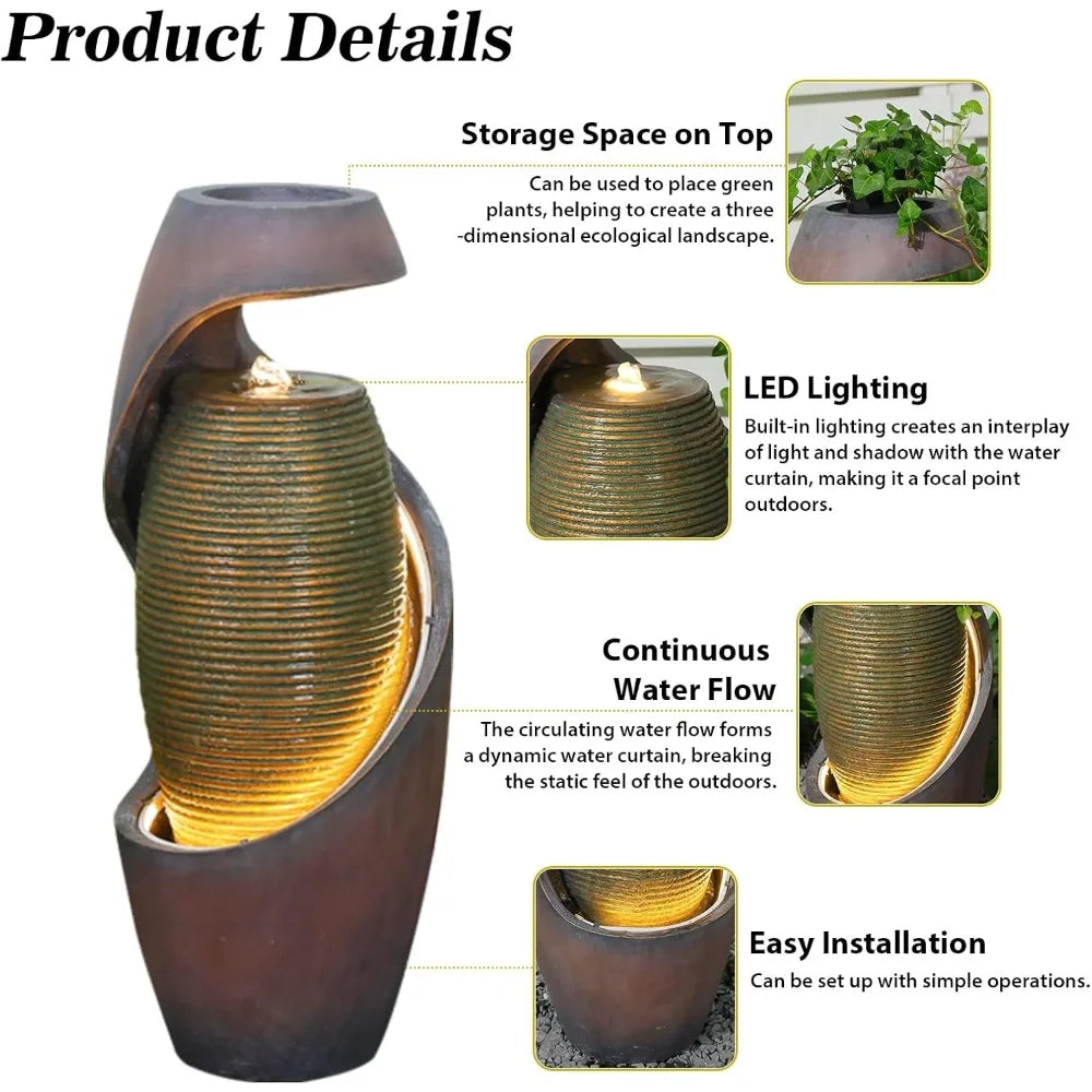 Curved Spiral Outdoor Fountain With LED Light Planter Bowl