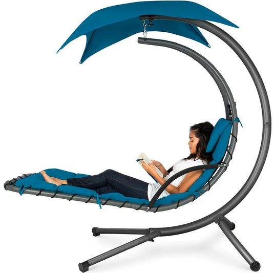 Outdoor Hanging Steel Chaise Lounge Chair With Swing Canopy Pillow