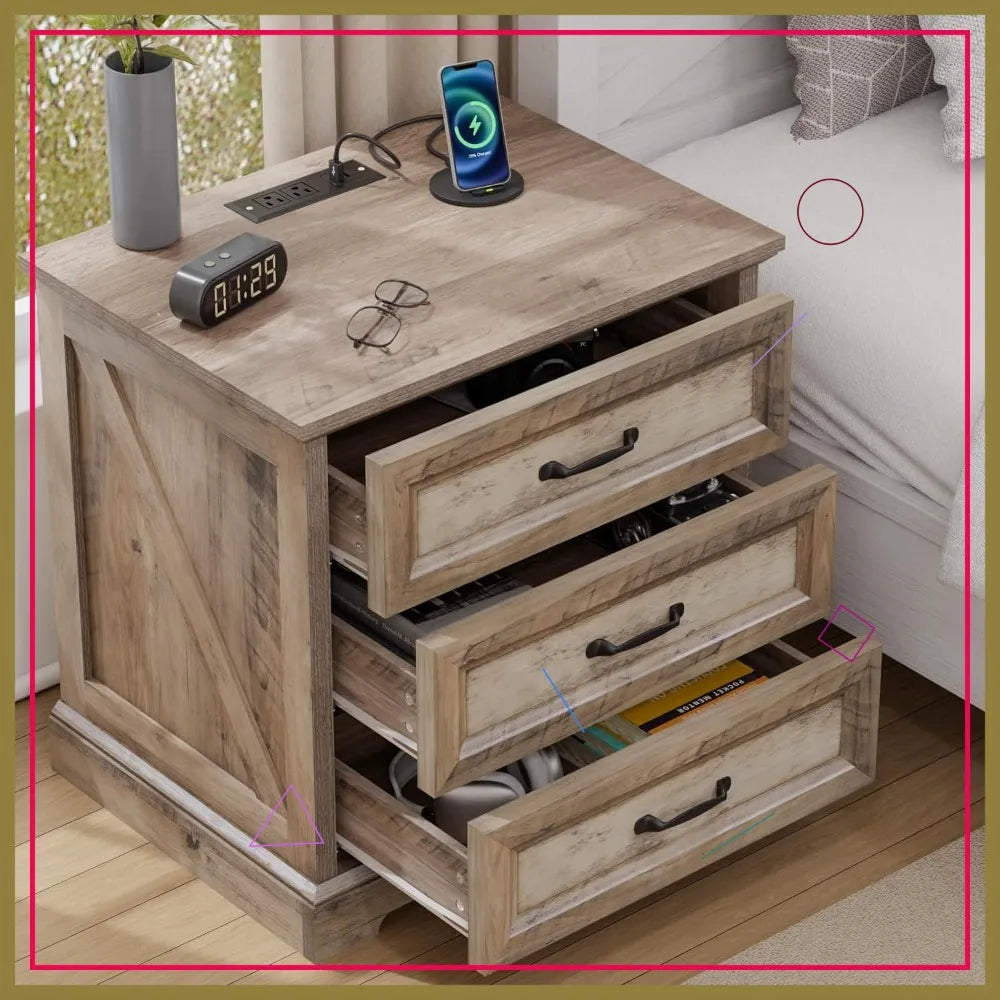 Farmhouse Nightstand With Charging Station USB And AC Ports