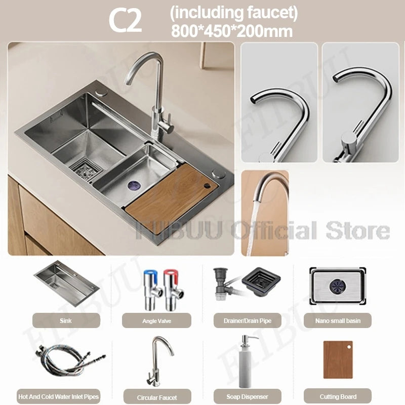 Slofy 304 Stainless Steel Kitchen Sink Undercounter Topmount Single Bowl Faucet