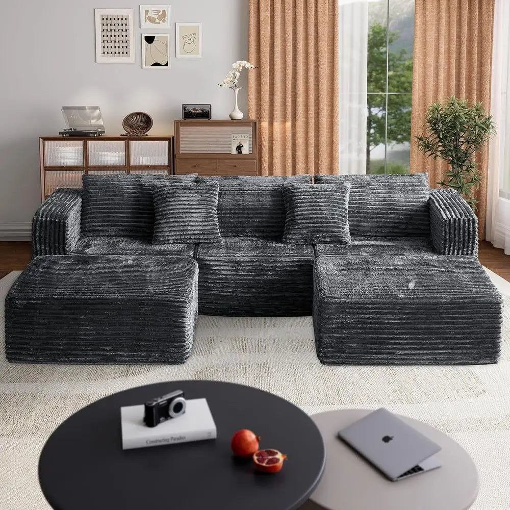 Corduroy Sectional Sofa With Two Ottomans Convertible Cloud Couch