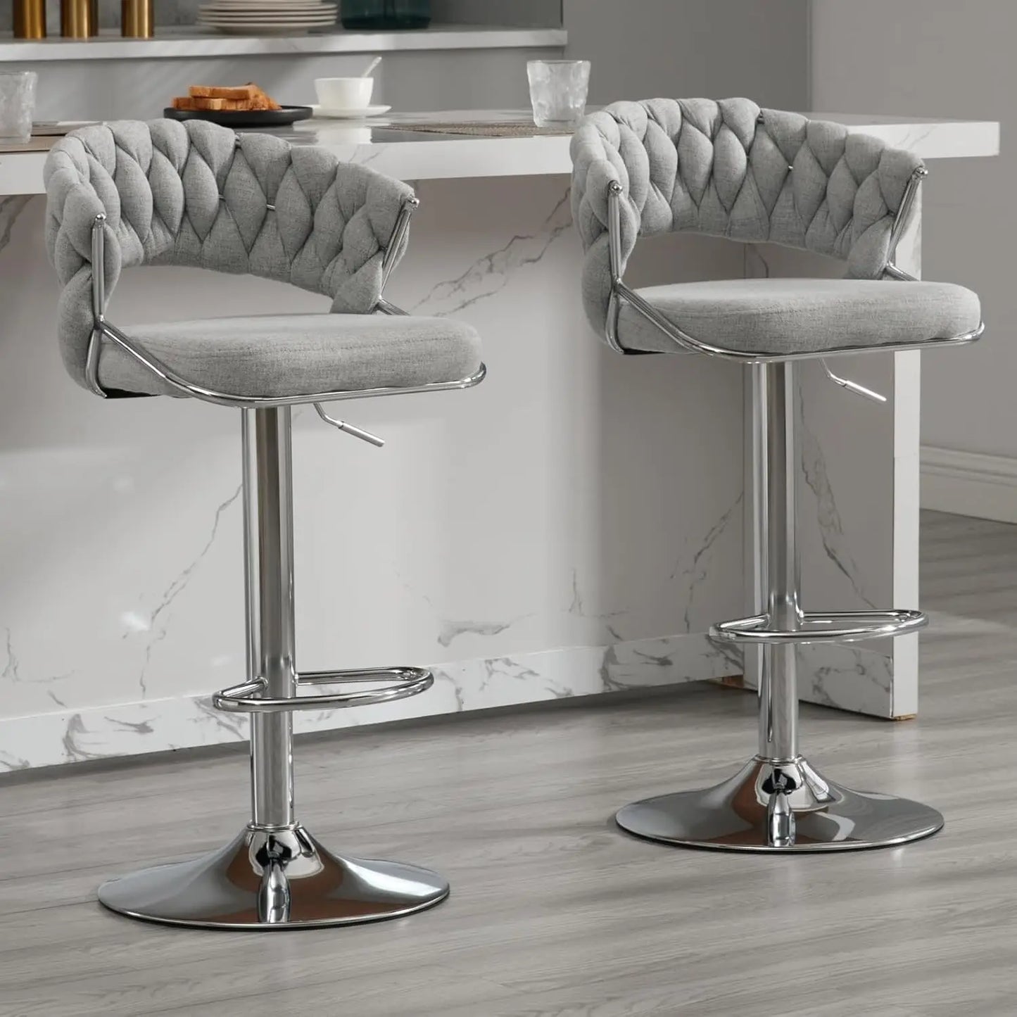 Woven Backrest Swivel Bar Stools Set Of 2 Height Adjustable