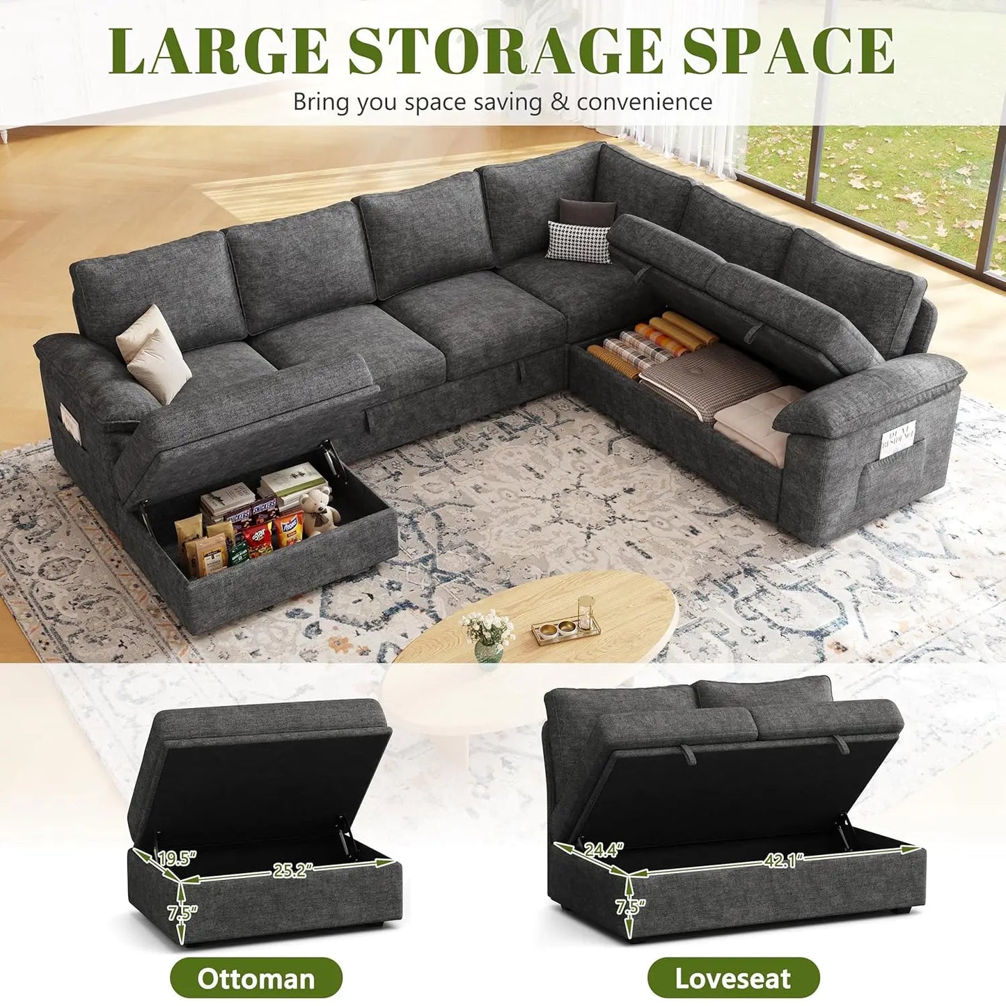 Modular U Shaped Sectional Sleeper Sofa With Storage
