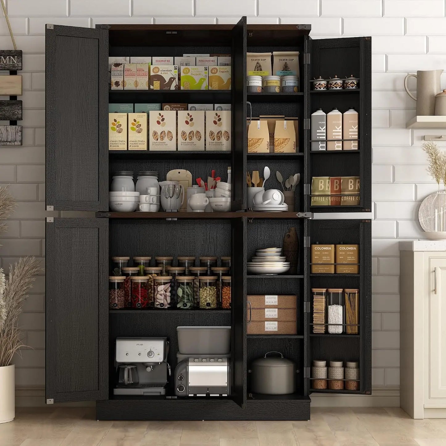 Farmhouse Kitchen Pantry Cabinet With Barn Doors And Adjustable Shelves