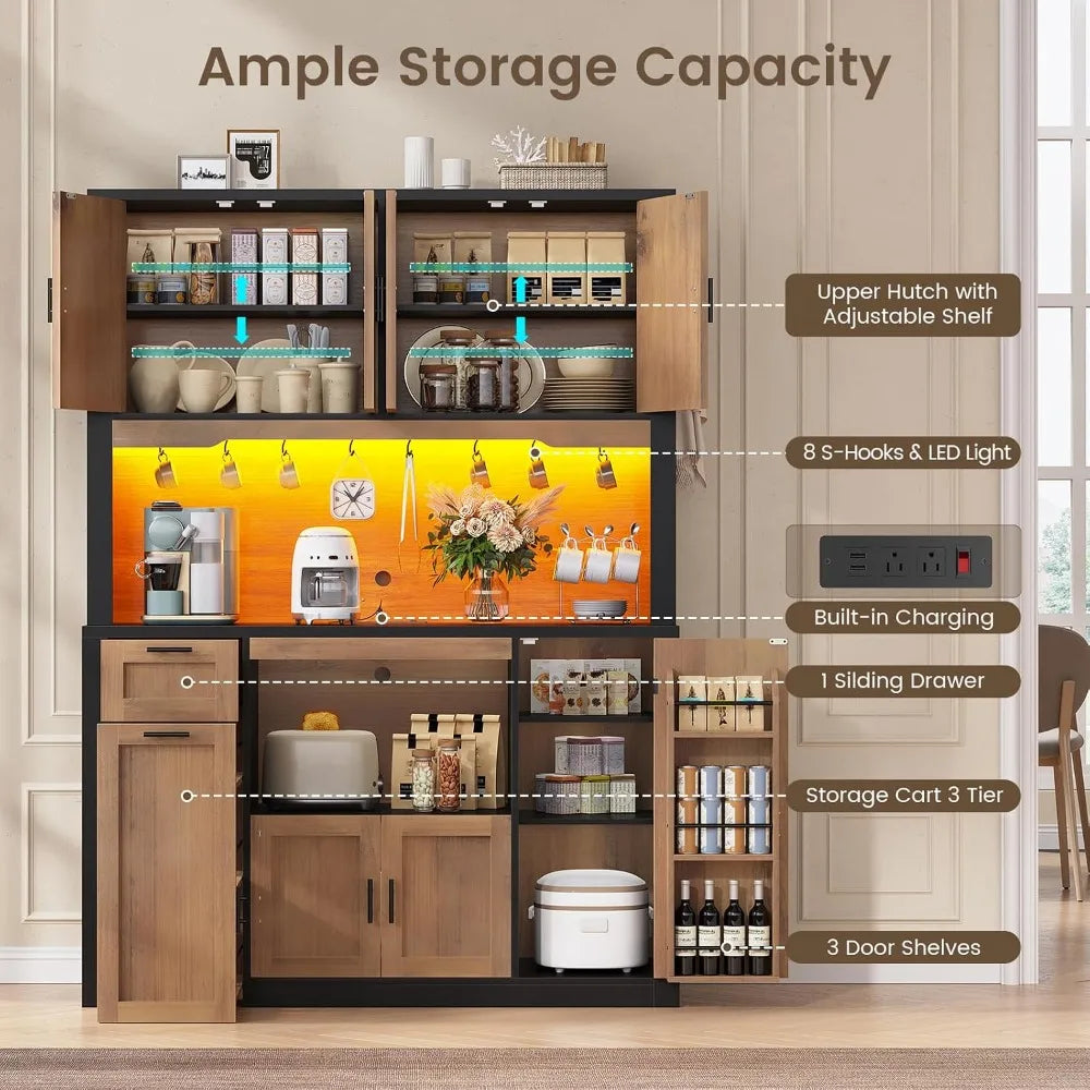 Pantry Cabinet With Charging Station And LED Light Microwave Stand