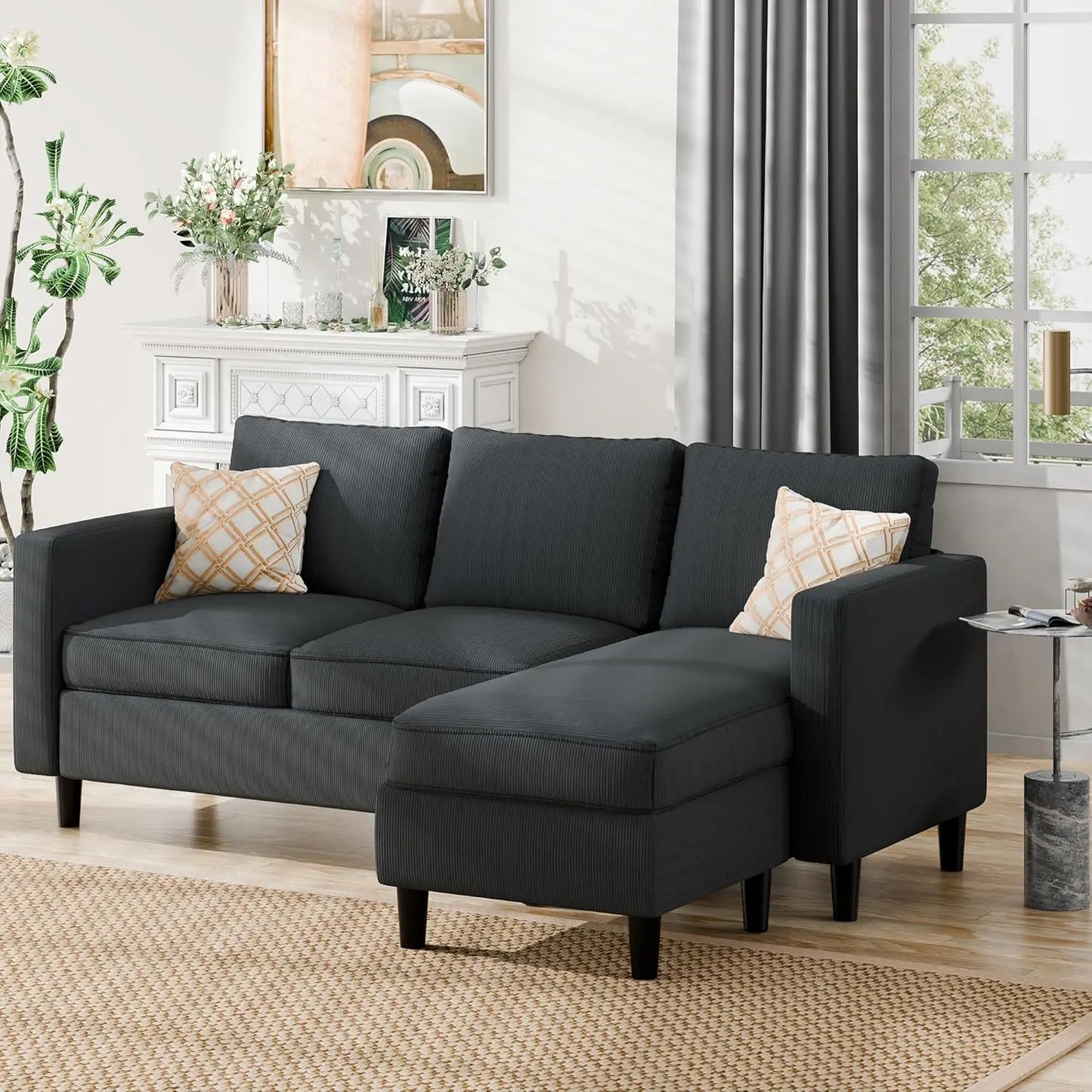 Convertible Sectional Sofa L-Shape With Movable Ottoman 3-Seat