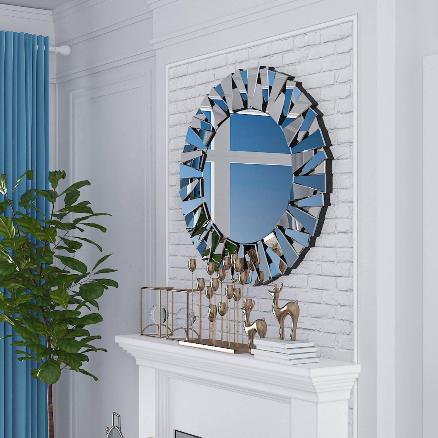 Sunburst Round Wall Mirror Beveled Glass Modern Silver Accent