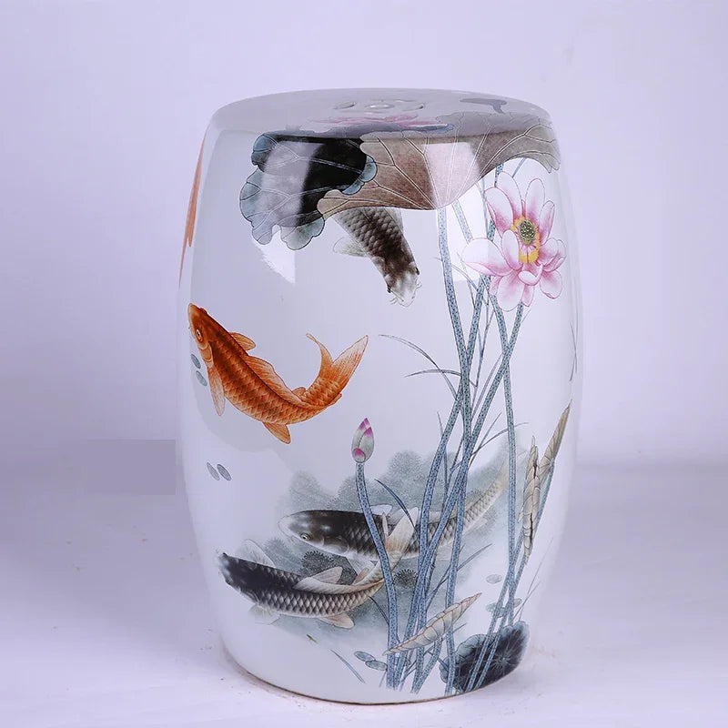 Chinese Style Fish Painting Porcelain Drum Garden Stool Decor Antique