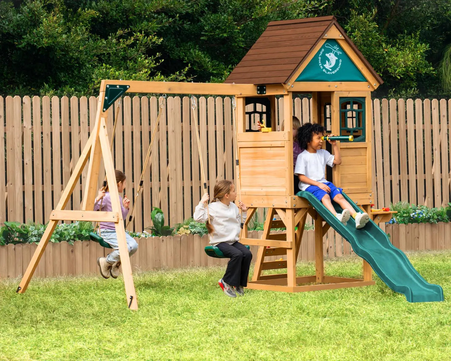 Cedar Wood Outdoor Kids Swing Set With Wave Slide Backyard