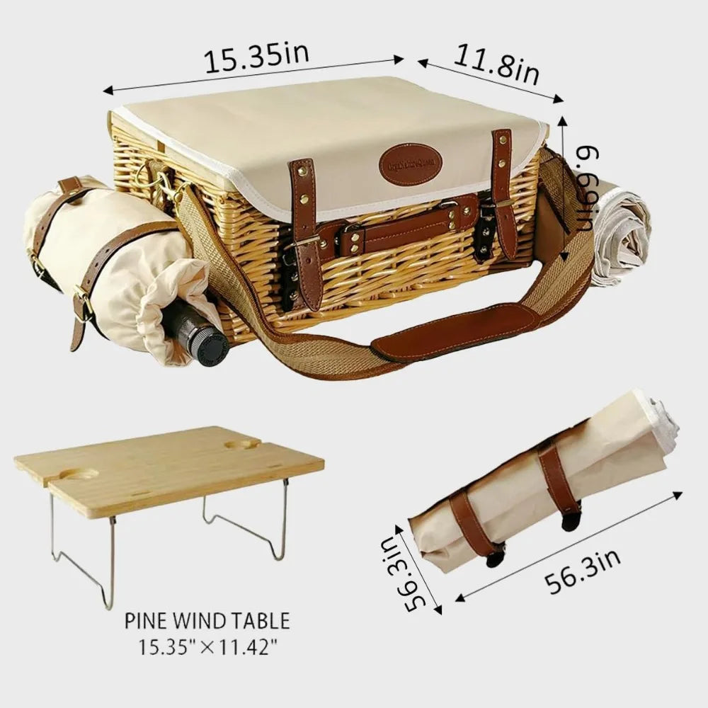 NBVCX Wicker Picnic Basket For Two With Insulated Wine Pouch And Tableware