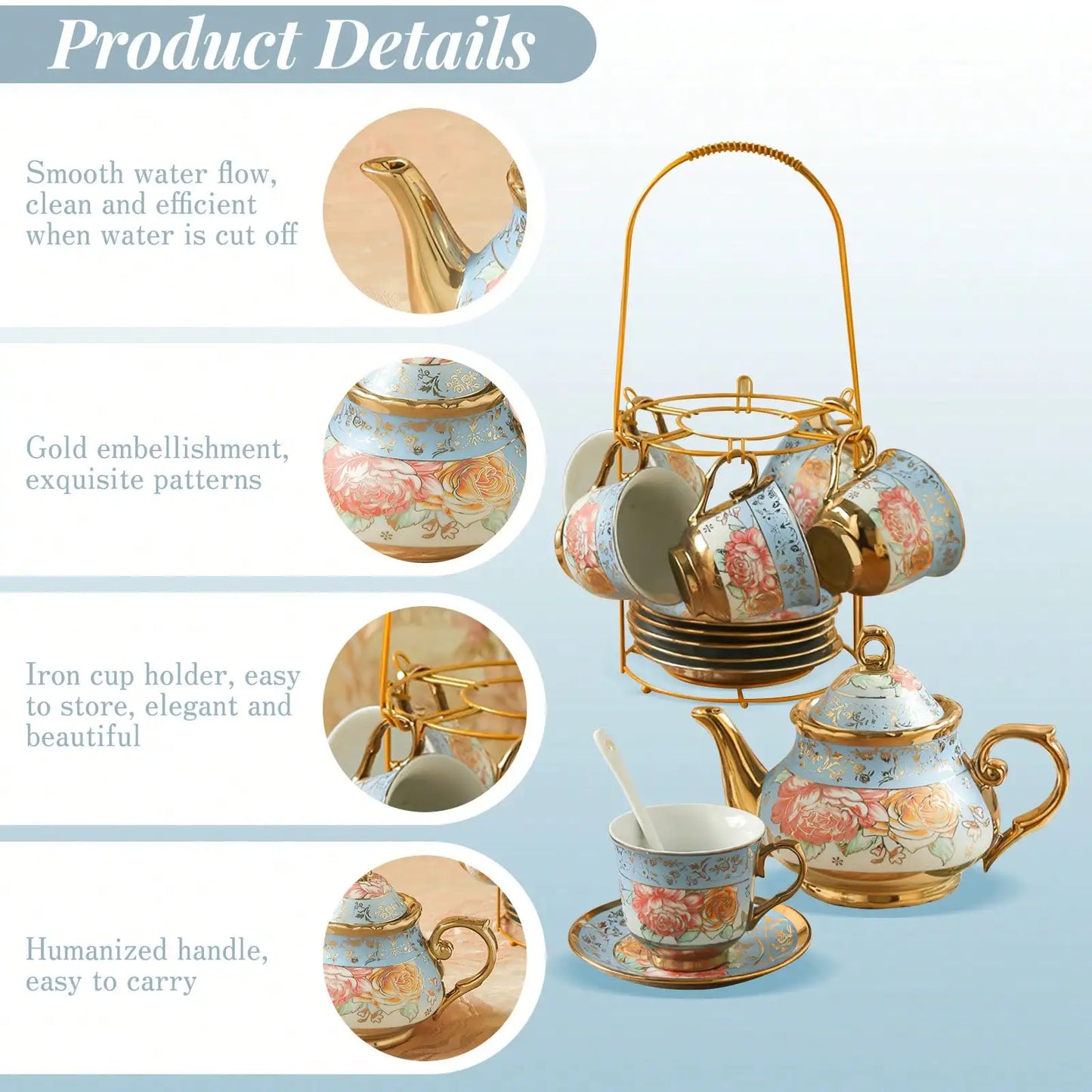 Porcelain Tea Set With Metal Holder And Gold Floral Pattern