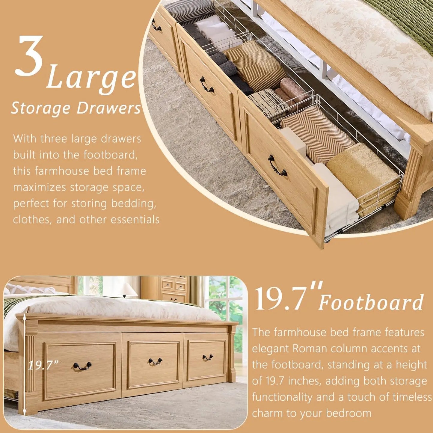 Farmhouse Bed Frame With Storage Drawers Wood Platform