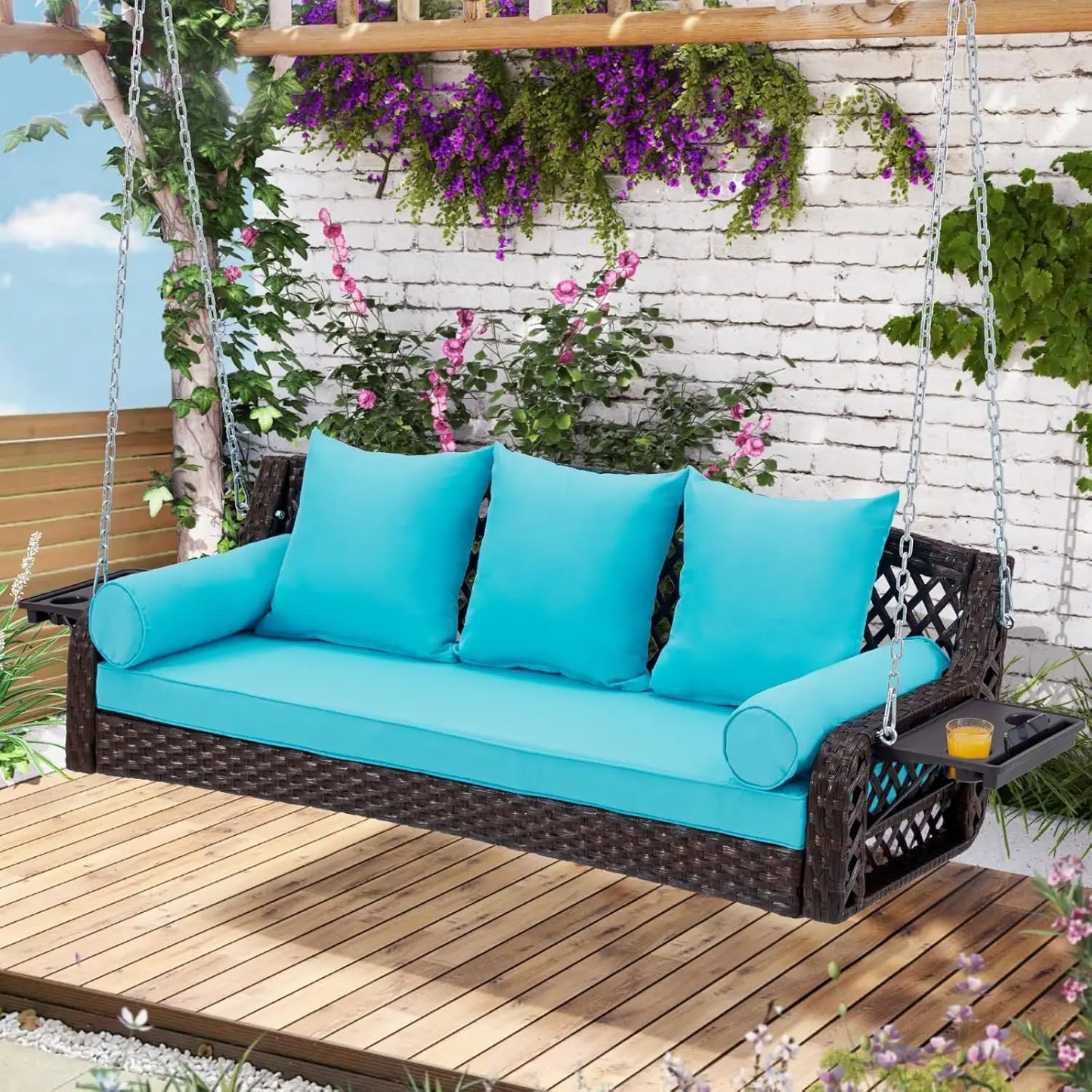 Rattan Porch Swing 3 Seat With Cup Holders And Cushions