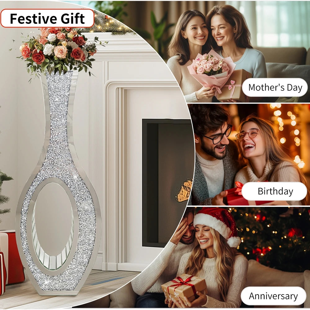 Mirrored Floor Vase With Crystal Diamond Accent Elegant Home Decor