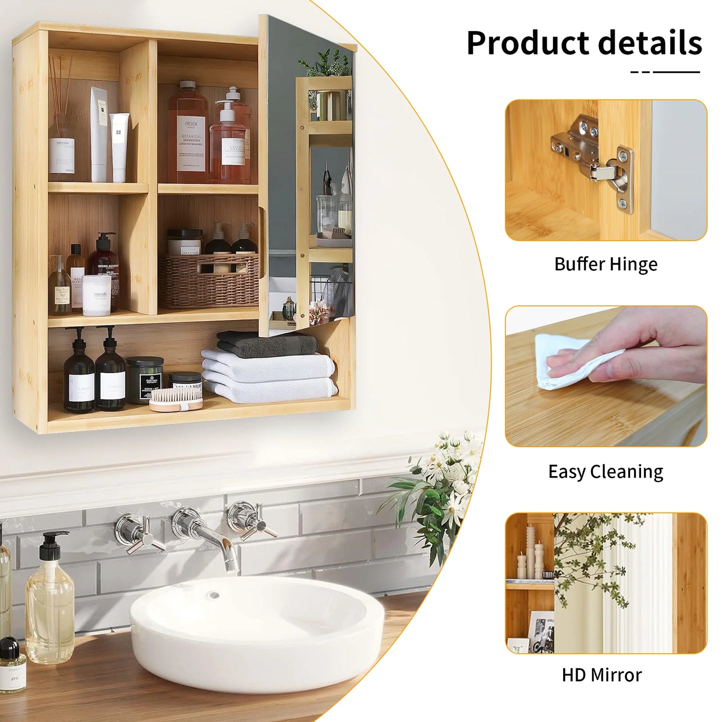 Wisfor Bamboo Bathroom Wall Cabinet With Mirror And Medicine Storage Shelves