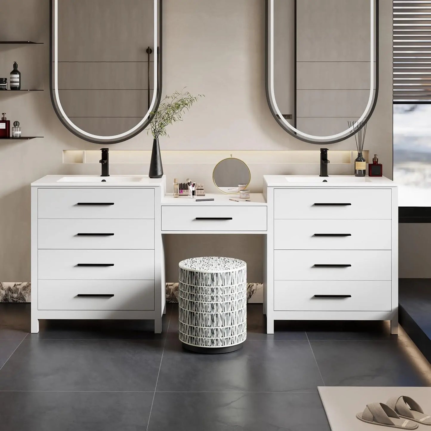 Modern Bathroom Vanity Sink Combo With Makeup Desk And Dual Faucets