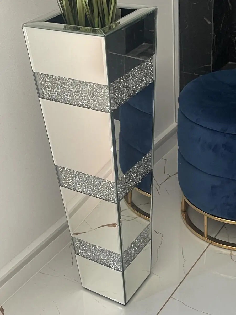 Mirrored Crystal Glass Tall Floor Vase With Diamond Accents Decor