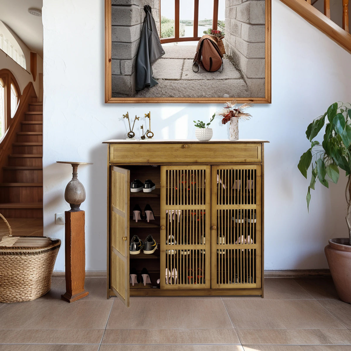 Freestanding Bamboo Shoe Cabinet With Three Doors For Entryway Storage