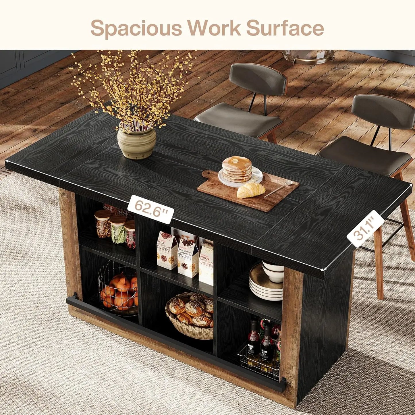 Counter Height Kitchen Island Table With Storage Cubbies And Footrest