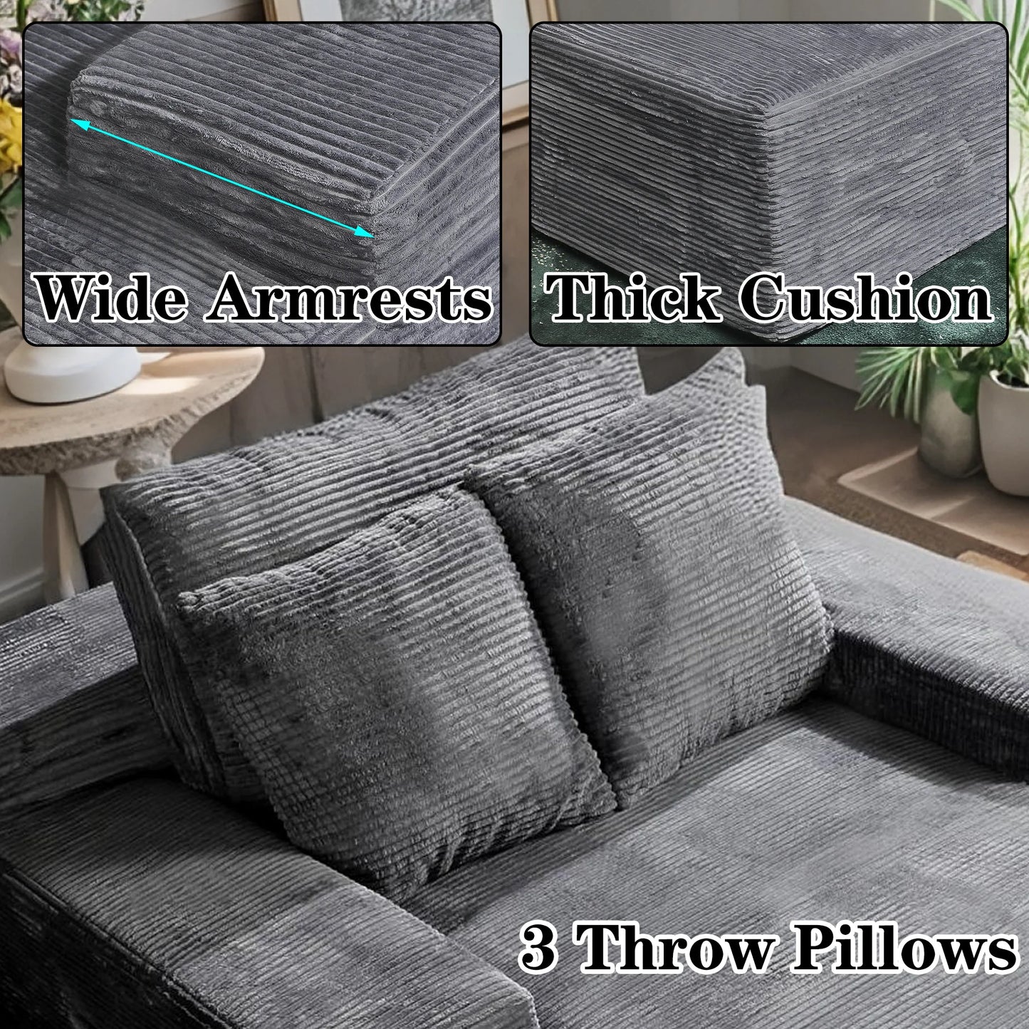 Modern Corduroy L Shaped Sectional Sofa With Storage And Pillows