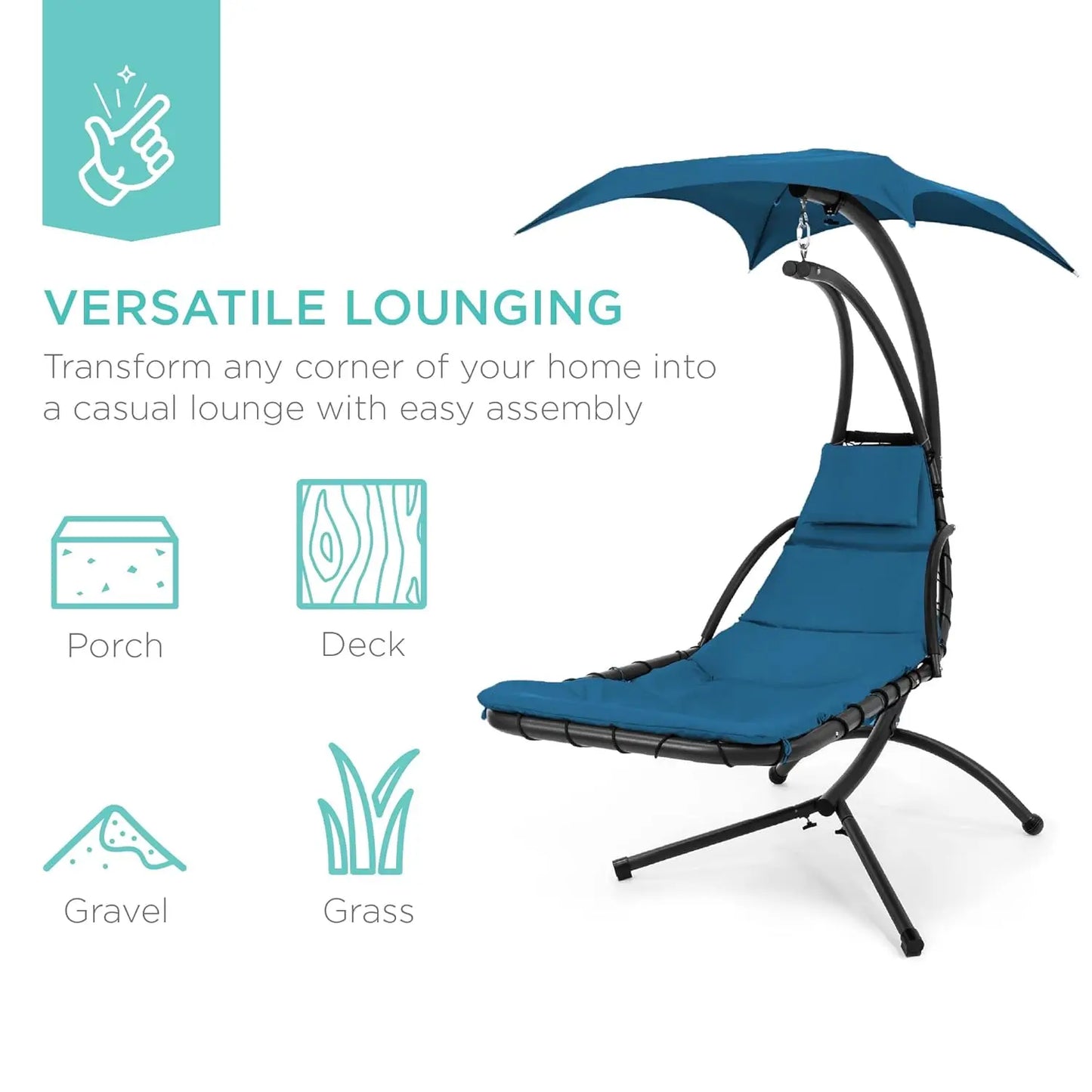 Outdoor Hanging Steel Chaise Lounge Chair With Swing Canopy Pillow