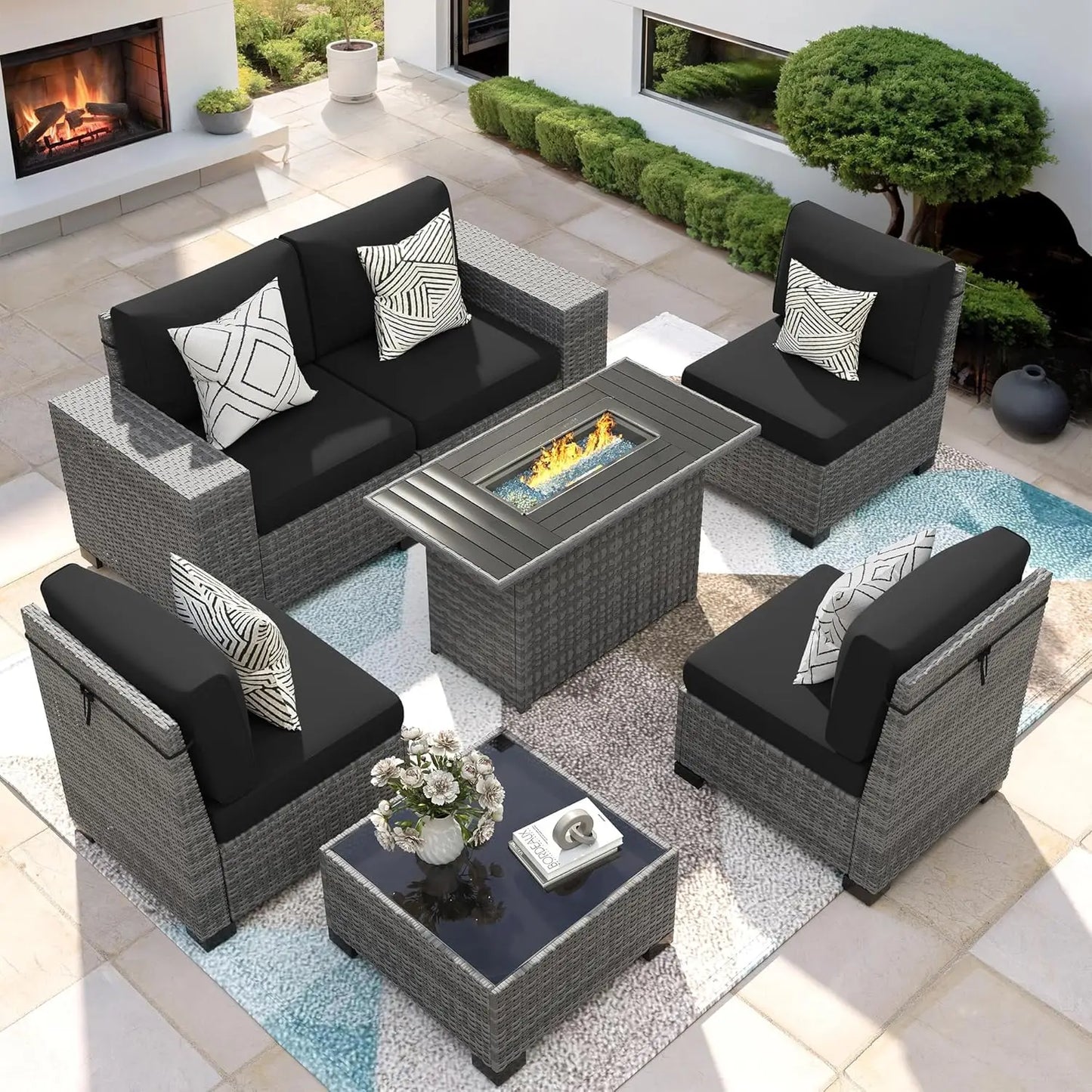XIAOLANG 7 Piece Patio Furniture Set With Fire Pit Table Outdoor
