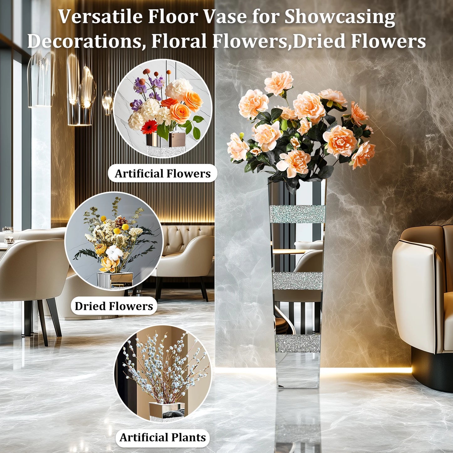 Mirrored Crystal Glass Tall Floor Vase With Diamond Accents Decor