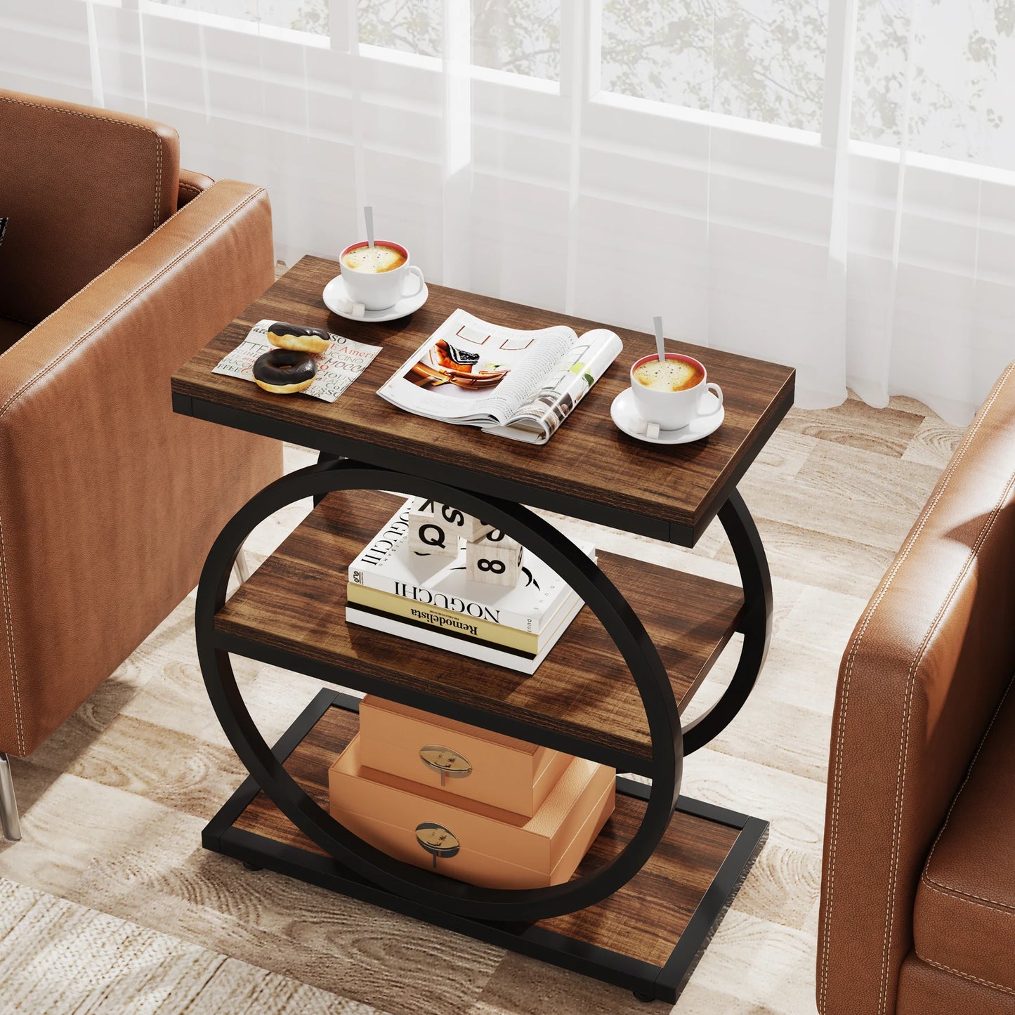 Tribesigns End Table With 3 Storage Shelves Industrial Wooden