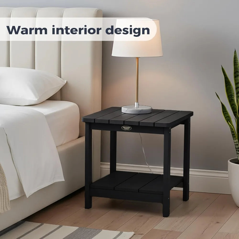 Outdoor Side Table, Adirondack Square Side Table, HDPS Patio Table With Wooden Textured, 2-Tier End Table Weather Resistant Outd