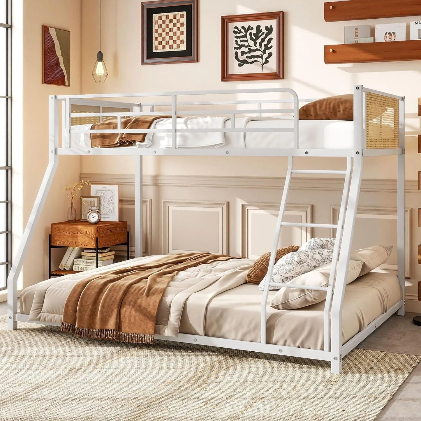 Metal Bunk Bed With Ladder And Guardrails Boho Rattan Style